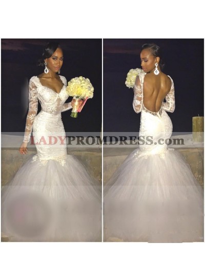 Sexy Mermaid Backless Long Sleeves Sweetheart Tulle Lace Wedding Dresses 2023