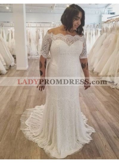 2023 Newly Sheath Off Shoulder Lace Long Sleeves Plus Size Wedding Dresses