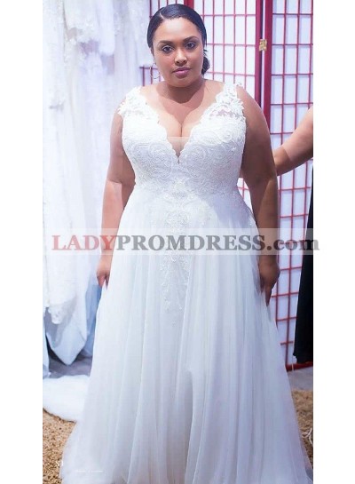 Cheap A Line White Tulle V Neck Lace Plus Size Wedding Dresses 2023