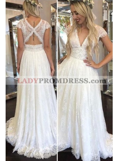 2023 Cheap A Line V Neck Capped Sleeves Lace Beach Wedding Dresses