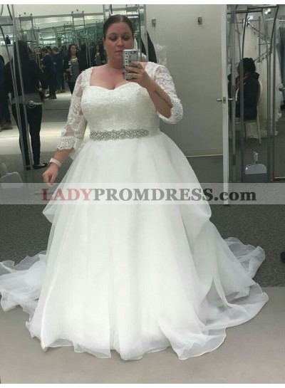 Cheap Long Sleeves Organza Sweetheart Beaded Plus Size Ball Gown Wedding Dresses 2023