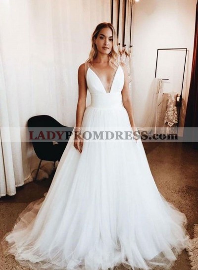 2023 Cheap A Line Deep V Neck Tulle Vintage Beach Wedding Dresses