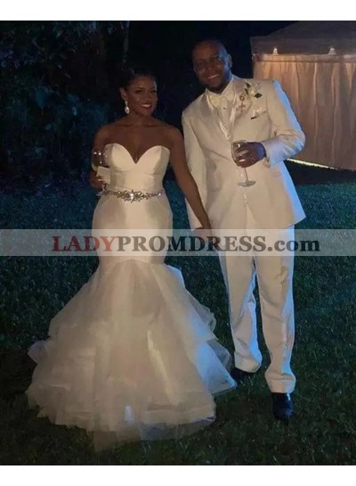 2023 Sexy Mermaid Sweetheart Layered Organza Beaded Belt Wedding Dresses