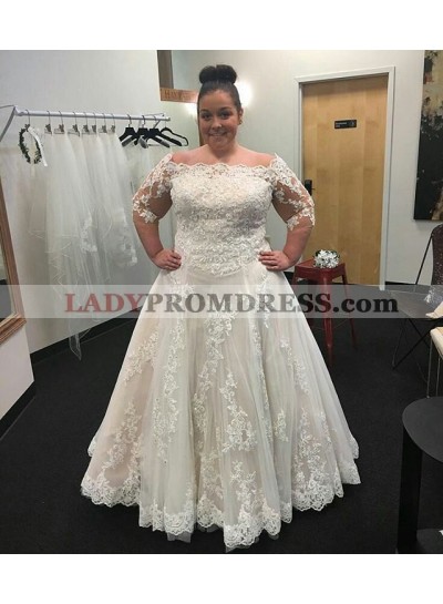 2022 Cheap A Line Long Sleeves Off Shoulder Lace Plus Size Wedding Dresses