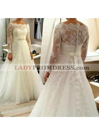 Elegant A Line Long Sleeves Off Shoulder Belt Tulle Beaded Long Vintage Wedding Dresses 2022