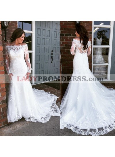 Charming Sheath Long Sleeves Off Shoulder White Lace Wedding Dresses 2022