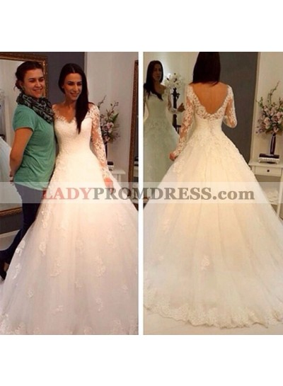 Vintage Long Sleeves V Neck Backless Tulle Lace Ball Gown Wedding Dresses 2023
