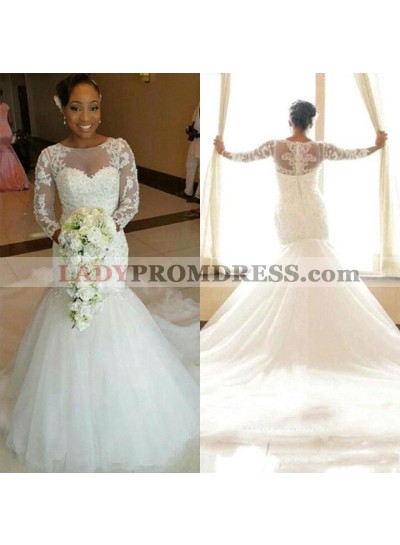 2023 New Arrival Mermaid Long Sleeves Scoop Tulle Lace Wedding Dresses 