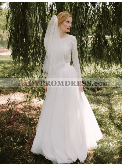 Cheap A Line Long Sleeves Scoop Tulle White Lace Wedding Dresses 2023