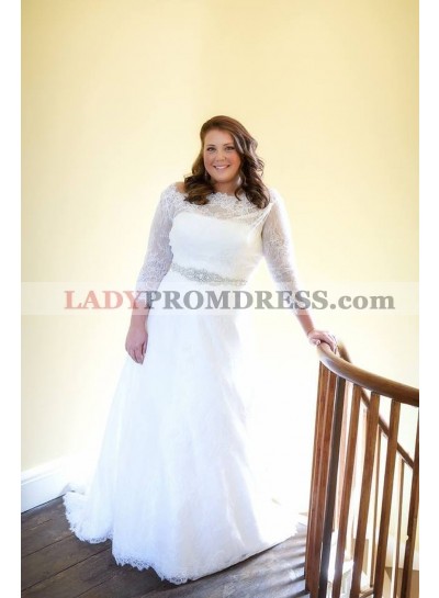 Cheap A Line White Long Sleeves Off Shoulder Beaded Sash Lace Plus Size Wedding Dresses 2023