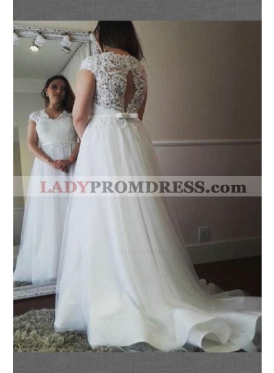 Cheap A Line Capped Sleeves Tulle Belt Plus Size Lace Beach Wedding Dresses 2023