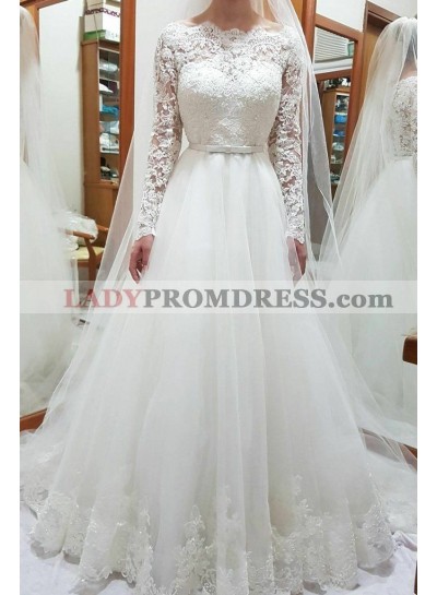 2023 New Arrival A Line Long Sleeves Off Shoulder Lace Belt Vintage Wedding Dresses