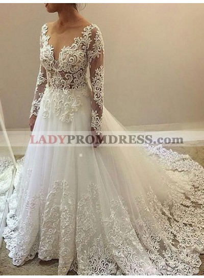 New Arrival A Line Long Sleeves Sweetheart Lace Long Wedding Dresses 2023