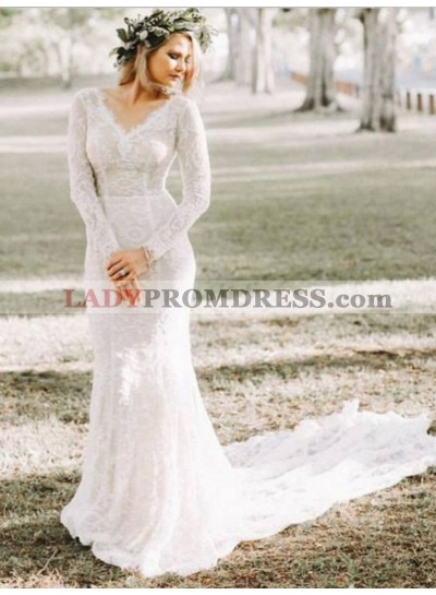 Charming Mermaid Long Sleeves V Neck Lace Long Wedding Dresses 2022