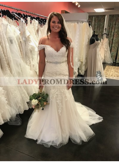Charming Sweetheart Off Shoulder Lace Beaded Sash Tulle Lace Wedding Dresses 2023
