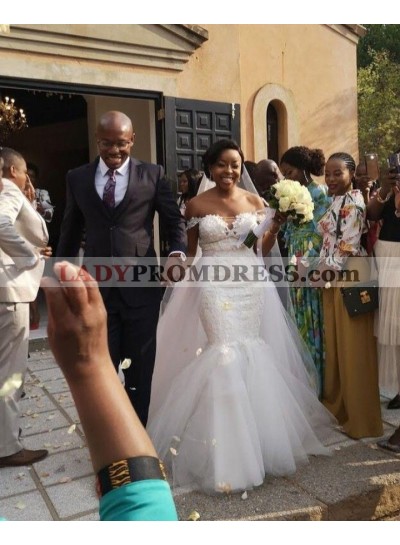 Charming Mermaid Off Shoulder Tulle Detachable Train Lace Wedding Dresses
