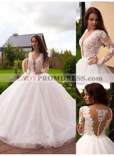 New Arrival Tulle Long Sleeves Open Front See Through Back Ball Gown Wedding Dresses 2023