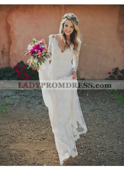 2023 Elegant Long Sleeves Sheath Lace V Neck Charming Beach Wedding Dresses
