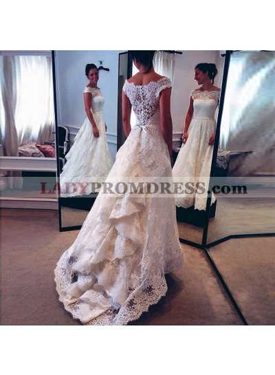 2023 New Arrival A Line Lace Off Shoulder Capped Sleeves Layered Vintage Wedding Dresses