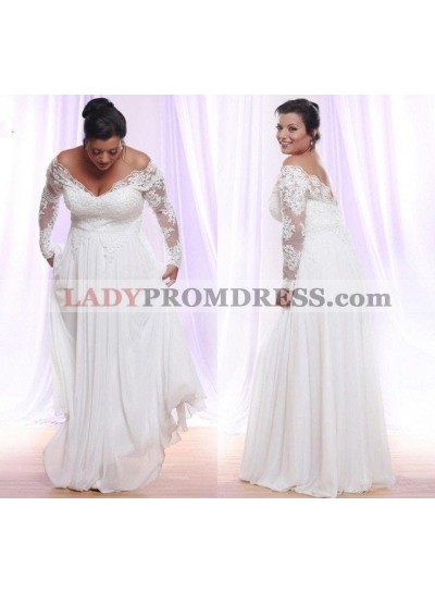 Cheap A Line Chiffon Off Shoulder Long Sleeves lace Plus Size Wedding Dresses 2023