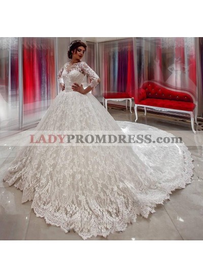 Luxury Long Sleeves Lace Scoop Long Ball Gown Wedding Dresses 2023