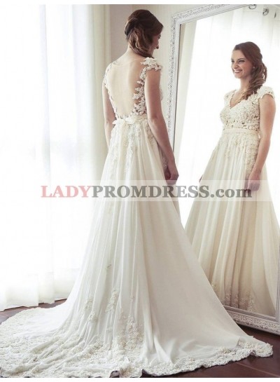 2023 New Designer A Line Chiffon See Through Back Lace V Neck Beach Wedding Dresses