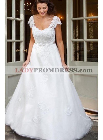 Classic A Line White Capped Sleeves Scoop Vintage Wedding Dresses 2023