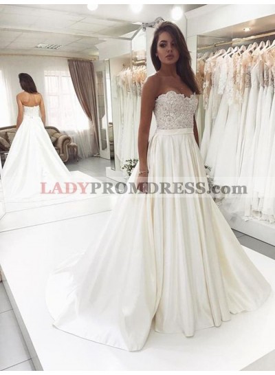 Vintage A Line Satin Strapless Lace Sweetheart Long Cheap 2023 Wedding Dresses