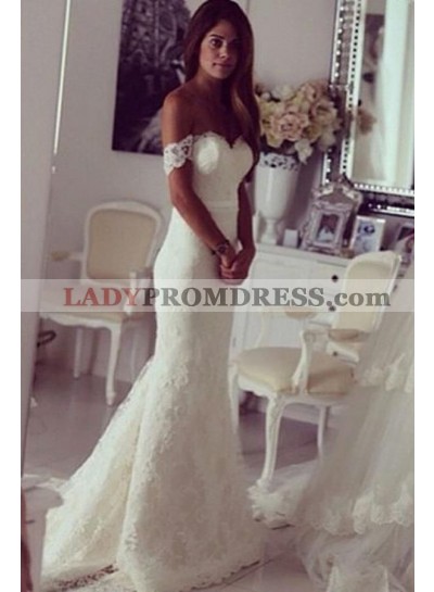 Charming Sheath Lace Sweetheart Off Shoulder Long Wedding Dresses 2023