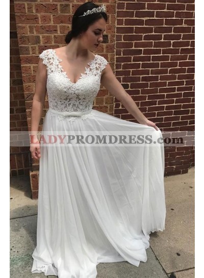 Cheap 2023 A Line Chiffon Capped Sleeves V Neck Belt Lace Beach Wedding Dresses
