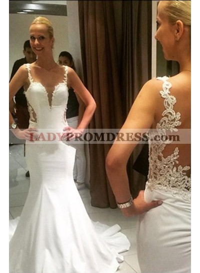 Amazing Mermaid Satin V Neck See Through Back Wedding Dresses 2023