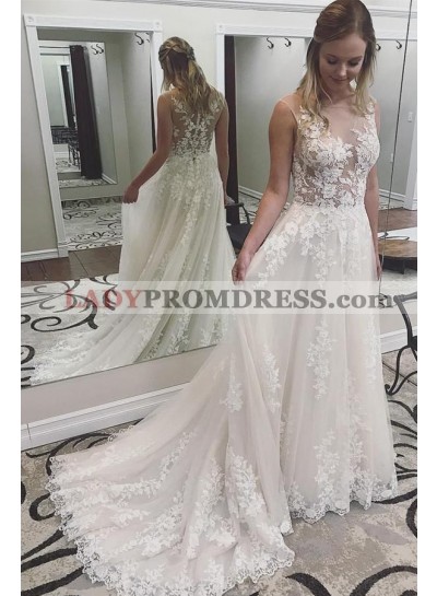 2023 Elegant A Line Long Train Mesh Lace Cheap Beach Wedding Dresses