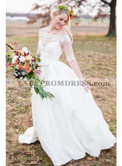 Classic A Line Satin Off Shoulder Lace Half Sleeves Wedding Dresses 2023