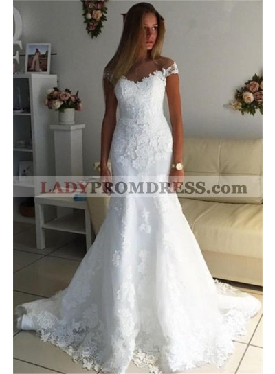 2023 Mermaid White Sweetheart Capped Sleeves Empire Lace Wedding Dresses
