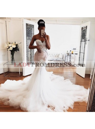 2023 Sexy Sweetheart Tulle Long Train Mermaid Embroidery Wedding Dresses