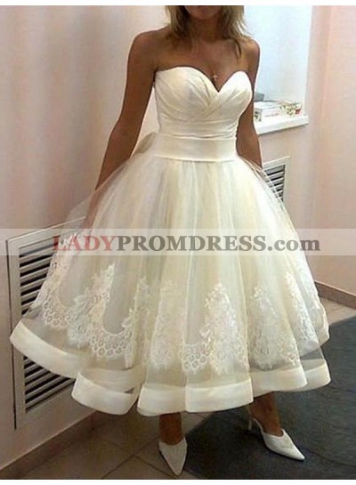 2023 Cheap A Line Sweetheart Tea Length Lace Short Wedding Dresses