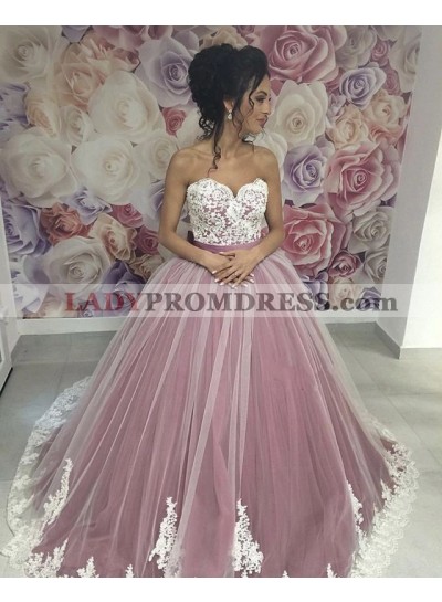 2023 New Arrival Sweetheart Tulle With White Lace Ball Gown Dusty Rose Prom Dresses With Belt