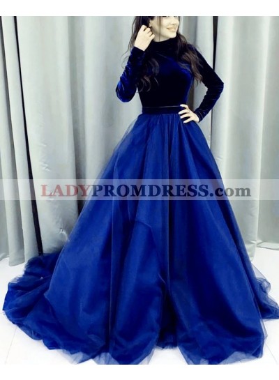Elegant A Line Two Pieces Royal Blue Long Sleeves Tulle And Velvet Prom Dresses 2023