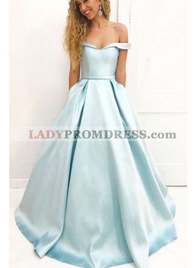Elegant A Line Satin Off Shoulder Sweetheart Long Light Sky Blue 2023 Prom Dresses