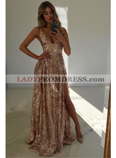 2023 Charming A Line Side Slit Sequence Backless V Neck Prom Dresses
