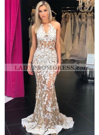 2023 Charming Sheath Champagne See Through Scoop Lace Prom Dresses