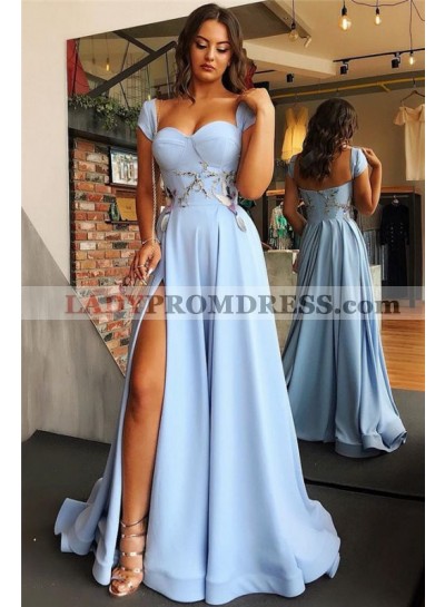 Cheap A Line 2023 Satin Sweetheart Blue Side Slit Capped Sleeves Prom Dresses