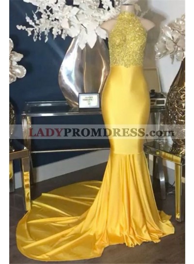 2023 New Arrival Mermaid Yellow High Neck Elastic Satin Prom Dresses With Appliques