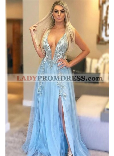 2023 Charming A Line Tulle Side Slit Light Sky Blue Deep V Neck Lace Prom Dresses