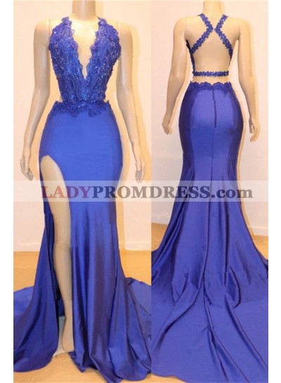 Amazing Sheath Side Slit Royal Blue V Neck Backless Lace Prom Dresses 2023