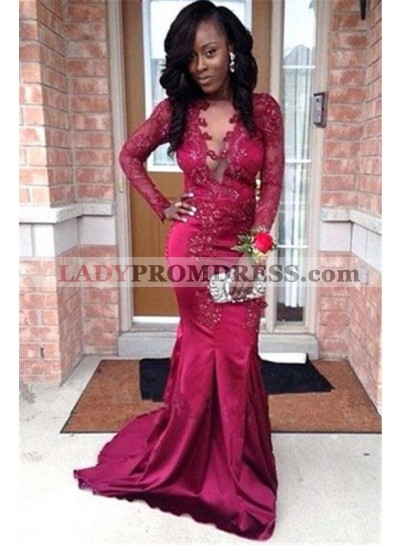 Cheap 2023 Burgundy Mermaid Satin Long Sleeves Open Front Lace Prom Dresses