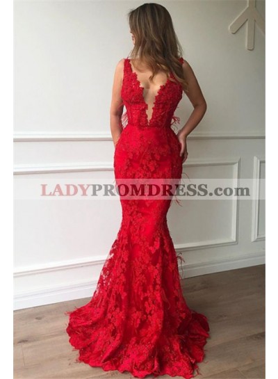 Sexy Red Mermaid V Neck Lace Charming 2023 Prom Dresses