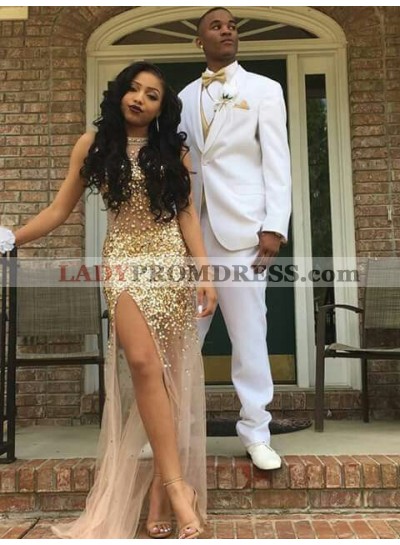 Charming Side Slit Tulle Gold Sequence See Through Sheath Prom Dresses 2023