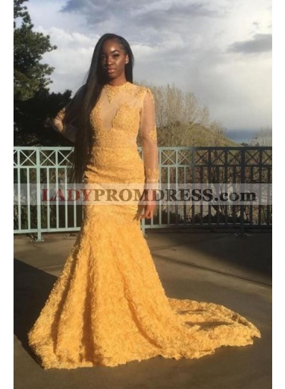 Cheap Yellow Long Sleeves Mermaid Tulle Rose Floral Prom Dresses 2023