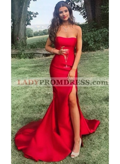 Alluring Red Mermaid Side Slit Satin Strapless Long 2023 Prom Dresses